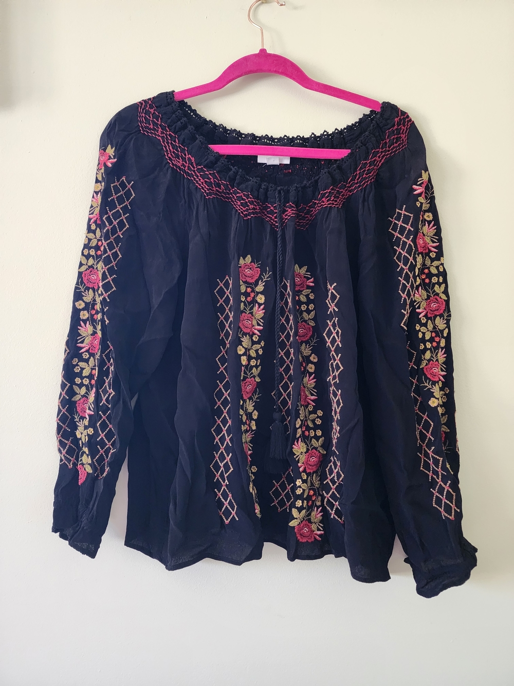 J. Jill Navy Peasant Blouse with Rose Embroidery
